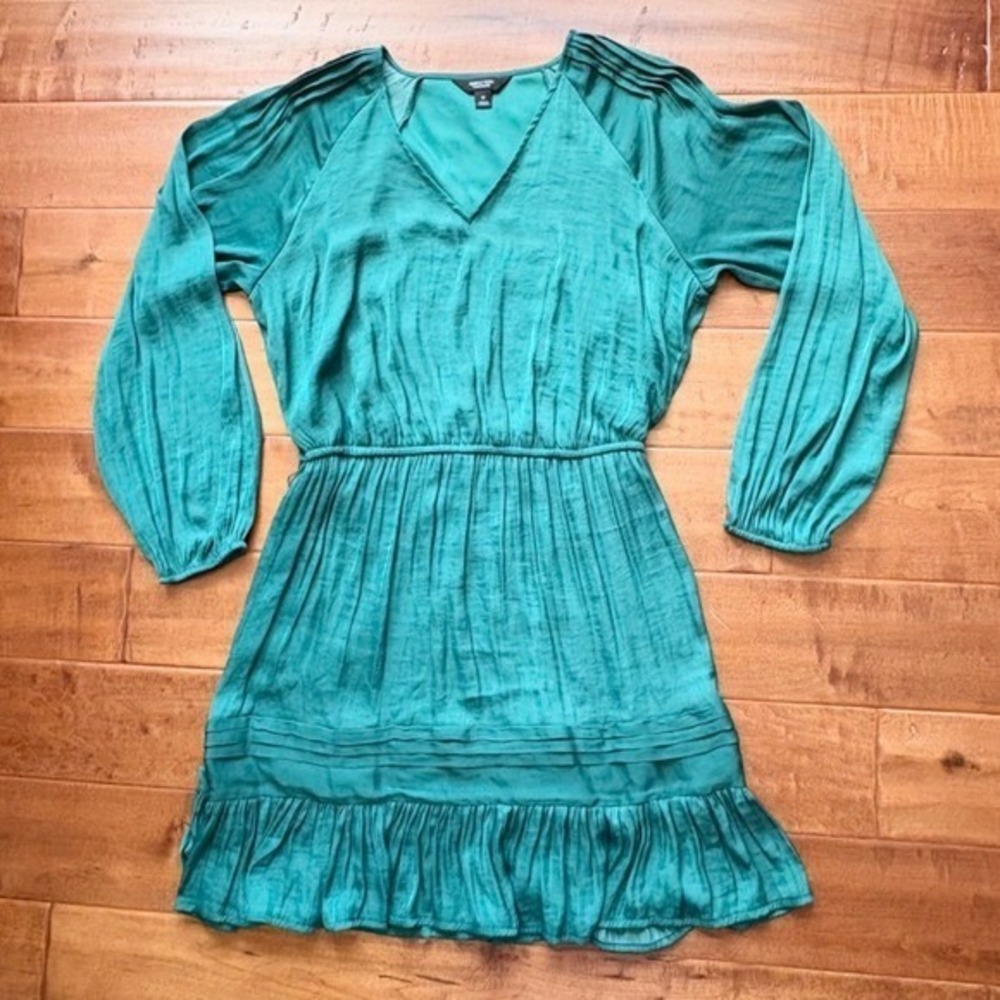 Simply Vera Vera Wang Pleated Long Sleeve‎ Mini Dress Women M Teal Green
